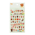 Sheet of colourful 3D puffy stickers featuring cute teddy bear characters in different outfits and poses, with small hearts, fruit, clouds .