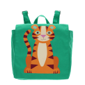 Green children’s backpack with colorful tiger design.