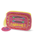 Pink beaded makeup bag with two colourful sardines and a yellow tassel with tag.