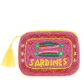 Pink beaded makeup bag with two colourful sardines and a yellow tassel.
