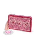 Pink beaded purse with three heart designs and a pale pink tassel with tag.