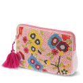 Pink beaded makeup bag with colourful floral designs and a bright pink tassel.