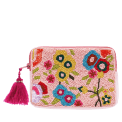 Pink beaded makeup bag with colourful floral designs and a bright pink tassel.