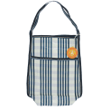 Blue and white striped woven bag with a front pocket, shoulder strap and a tag.