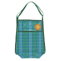 lue and green striped woven bag with a front pocket, shoulder strap and a tag.