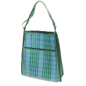 lue and green striped woven bag with a front pocket and matching shoulder strap.