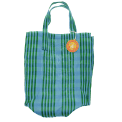 Green and blue striped woven shopping bag with handles and a tag.