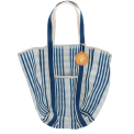 Blue and white striped woven tote bag with canvas handles and a tag.