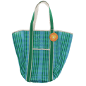 Blue and green striped woven tote bag with canvas handles and a tag.