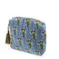 Blue quilted makeup bag with green and blue flowers.