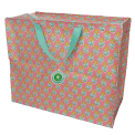 Pink jumbo storage bag with colourful floral designs with tag.