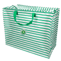 Large jumbo storage bag with green horizontal stripes and green handles with tag.