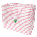 Large jumbo storage bag with pink horizontal stripes and pink handles with tag.