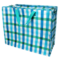 Large storage bag with a multi‑coloured gingham pattern and turquoise handles.