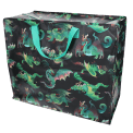 Large storage bag with a multi‑coloured dragons on a dark blue background and turquoise handles.
