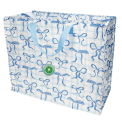 Large storage bag with a light blue gingham pattern and blue bow illustrations with handles and a tag.