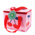 Pink insulated lunch bag with a bold cherry design and red handles with tag.