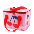 Pink insulated lunch bag with a bold cherry design and red handles.
