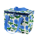 Insulated lunch bag with a blue floral pattern and blue handles.