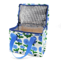 Insulated lunch bag with blue floral pattern and blue handles, shown open with a silver foil-lined interior.