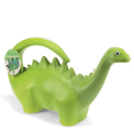 Green dinosaur-shaped plastic watering can with tag.