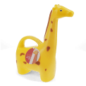 Yellow giraffe-shaped plastic watering can with a product tag.