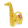 Yellow giraffe-shaped plastic watering can with a product tag.