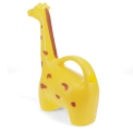 Back view of yellow giraffe-shaped plastic watering can.