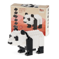 Completed panda brick model displayed beside its packaging box.