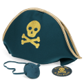 Pirate hat with a gold skull-and-crossbones design, shown with a matching eye patch and a tag.