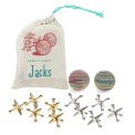 Traditional jacks set with drawstring bag, two striped balls, and gold and silver jacks.