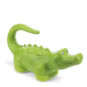 Green crocodile-shaped plastic watering can with raised spikes.