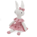 Knitted rabbit toy with long ears, wearing a pink dress with a ruffled collar and a matching bow on one ear