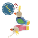 Two colourful wooden bird-shaped whistles with string loops displayed with tag.