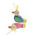 Two colourful wooden bird-shaped whistles with string loops.