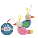 Two colourful wooden bird-shaped whistles with string loops displayed with tag.