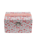Pink floral musical jewellery box with clasp and decorative flower pattern.