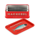 Open red mini storage tin with the lid beside it, featuring an illustrated mackerel on the lid.
