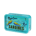 Turquoise mini storage tin with a sardine illustration on the front.