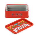 Open red mini storage tin with the lid beside it, featuring an illustrated all spice on the lid.