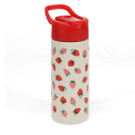 Water bottle with red lid, decorated with small red and pink strawberry illustrations.