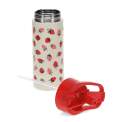 Strawberry-patterned drinks bottle with red lid shown open, straw detached beside it.