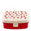 Lunch box with cream lid featuring a pattern of red and pink strawberries print