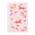 Pink notebook with colourful unicorns, rainbows, stars, and suns on the cover.