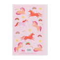 Pink notebook with colourful unicorns, rainbows, stars, and suns on the cover.