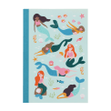 Notebook with illustrated mermaids, sea creatures, and shells on a light aqua cover.
