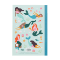 Notebook with illustrated mermaids, sea creatures, and shells on a light aqua cover.