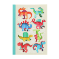 Notebook with colourful dinosaurs on a light background.