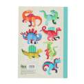 Notebook with colourful dinosaurs on a light background.