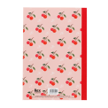 Pink notebook with cherry design on the back cover.